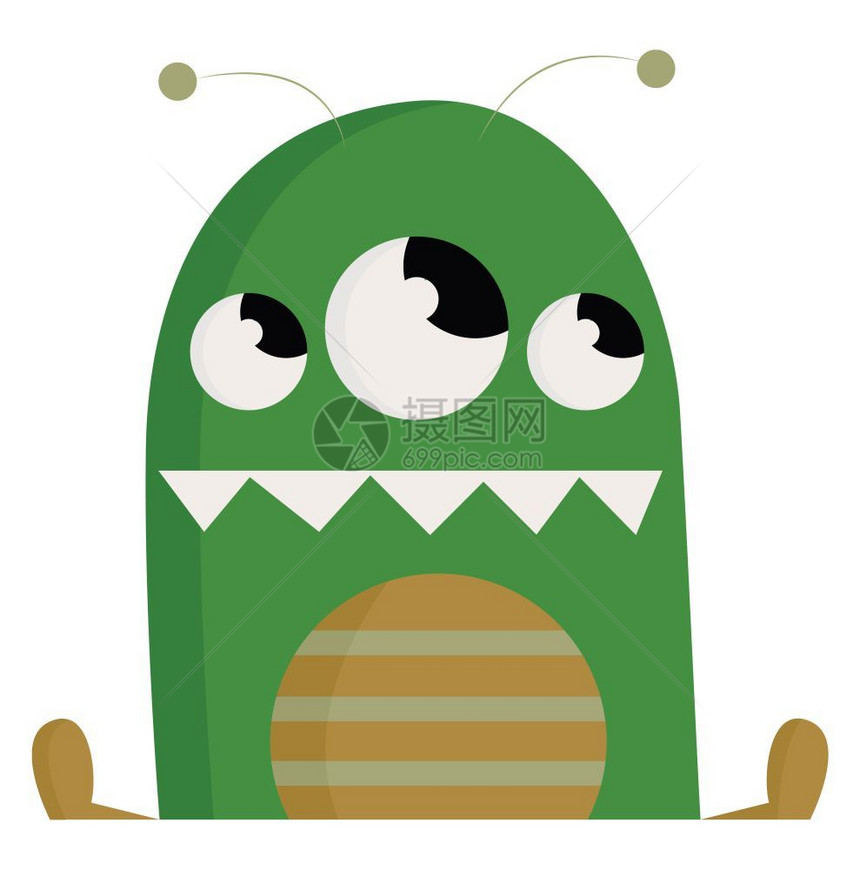 绿色的三眼怪兽锋利的牙齿矢量彩色画或插图图片
