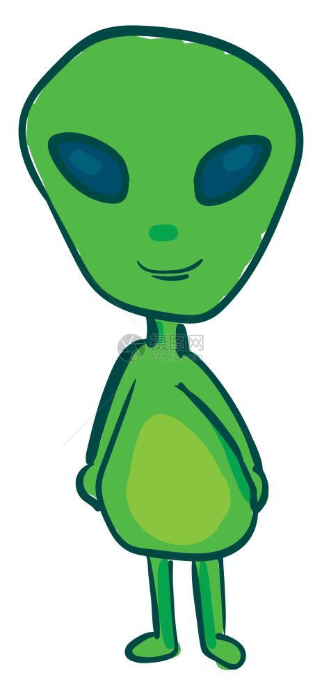 一个快乐的绿色外星人蓝眼睛向量彩色画或插图图片