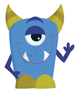 有趣的卡通6眼怪物一个快乐的眼绿色和蓝怪物有两个锋利的牙齿向量彩色画或插图插画