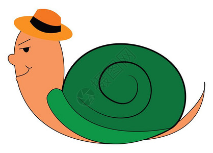棕色蜗牛绿贝壳橙帽子矢量彩色画或插图图片