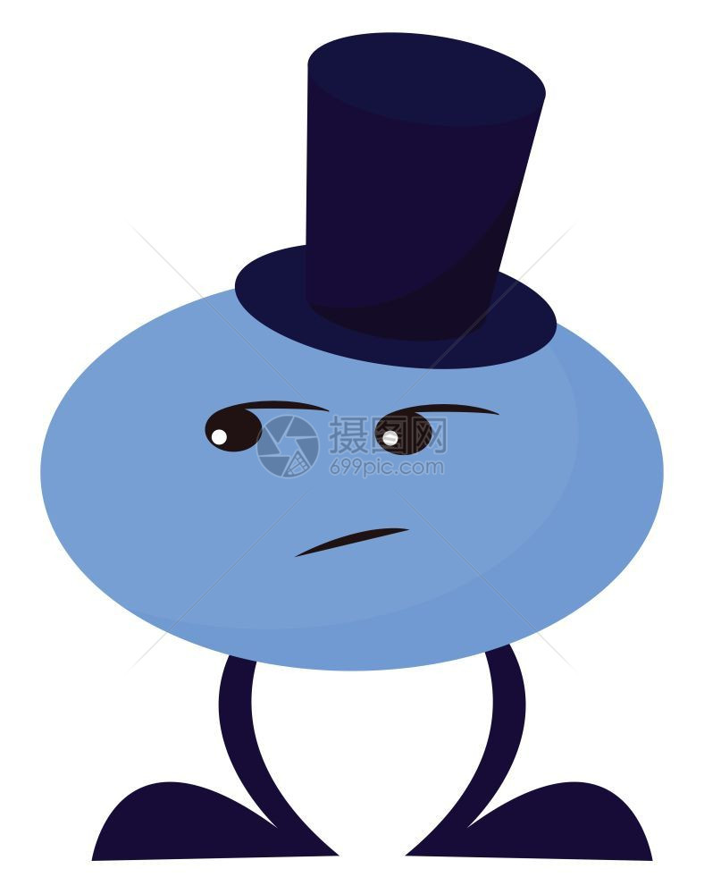 一个忧郁的蓝色圆形怪兽两条腿深蓝色帽子矢量彩色画或插图图片