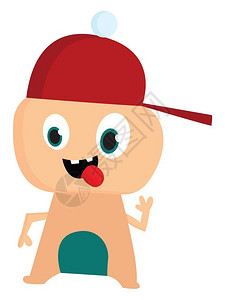 一个可爱的桃子怪物戴着红色帽子舌头向量彩色画或插图图片素材