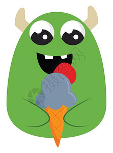一个可爱的绿色怪物角吃冰淇淋锥向量彩色图画或插背景图片