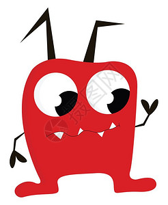 一个可爱的小红怪兽角垂下矢量彩色画或插图图片素材