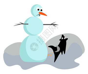 一只可爱的小雪人滑板有三个大球小不同鼻子有胡萝卜看起来很悲伤而一只黑狗跑近它向量颜色图画或插背景图片