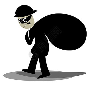 黑装帽子和眼罩的小偷滑板在脸上有笑容同时携带一袋偷来的黑物品偷溜通过向量彩色图画或插背景图片