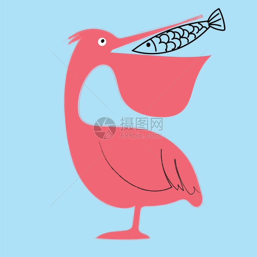 粉色勺子鸟的肖像将头转向后用蓝背景矢量彩色图画或插捕捉鱼图片