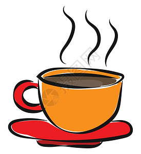 咖啡碟在装满蒸汽热咖啡矢量彩色绘画或插图的红碟上涂橙色咖啡杯的油漆插画