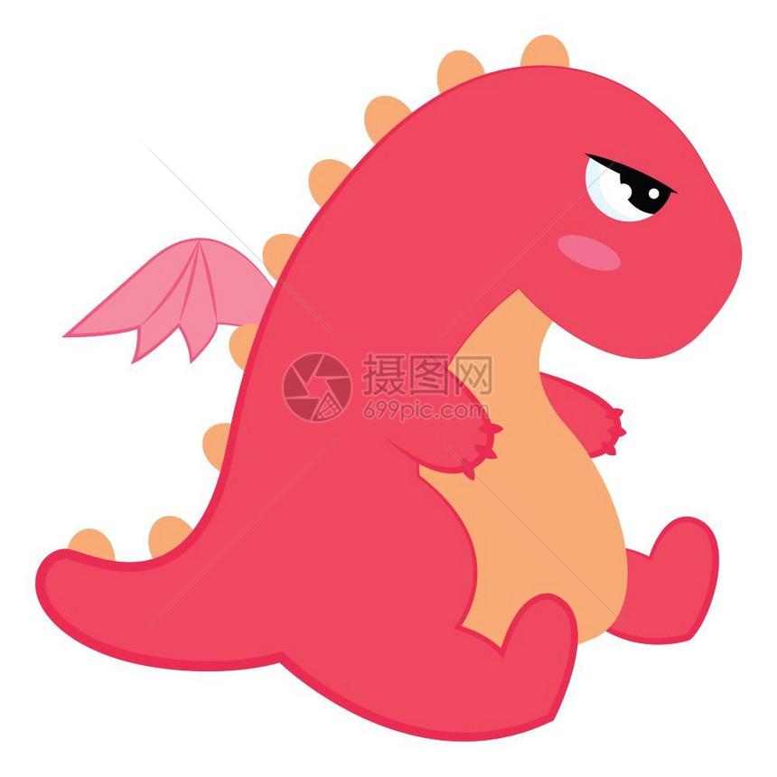 可爱的小粉色恐龙大眼睛两短臂腿一小尾巴翅膀矢量彩色画或插图图片