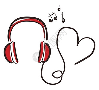 红色耳机连接到心和音乐符号介于它们之间的矢量颜色绘画或插图插画