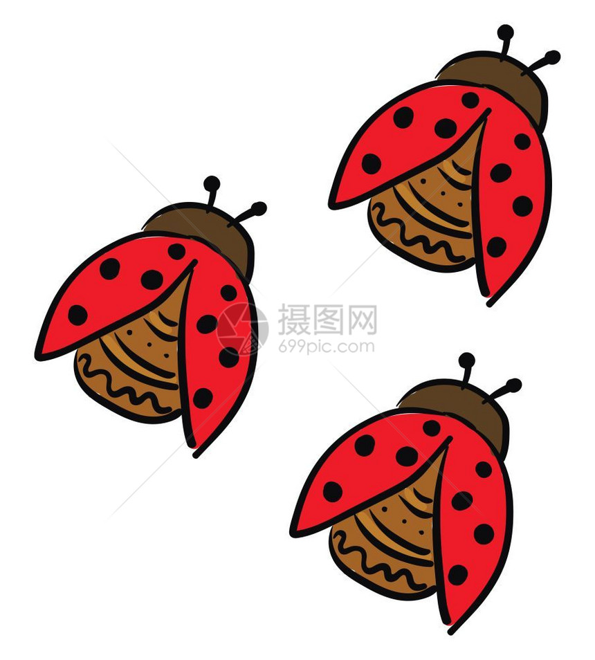 三个可爱的小圆顶形蜜蜂红色彩身上有一些设计图和黑点是爬行矢量彩色图或插图片