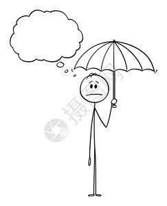BusinessMan矢量卡通棒图绘制男人或商持有伞子的概念说明您的文本中含有空语音泡由Man或Businessman持有伞子和思考的矢量卡通插画