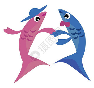 这是两条鱼跳舞的图像矢量彩色绘画或插图背景图片