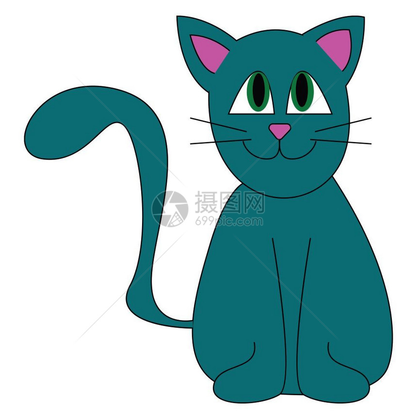 一只蓝猫有紫耳朵和鼻子笑着尾巴的蓝猫举起矢量彩色图画或插图片
