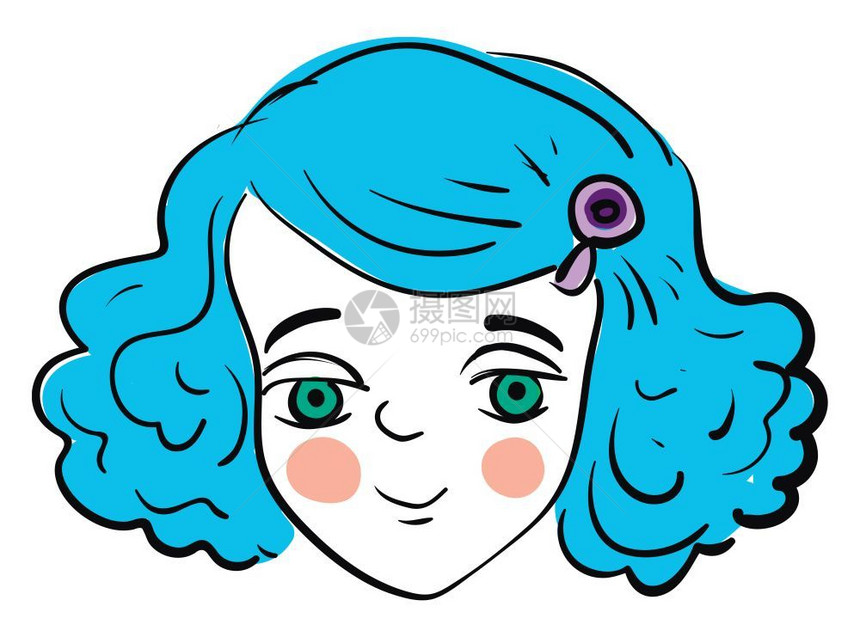 一个漂亮的女孩蓝色头发染绿眼睛脸苍白笑着矢量彩色画或插图图片