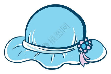 漂亮的蓝帽子上面有两朵蓝色和粉红的花朵附在帽子矢量颜色图画或插的一侧图片