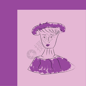 卡通手绘紫色女人头像矢量插图图片