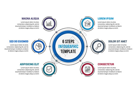 6步骤圆形信息模板工作流程或图矢量eps10插图背景图片