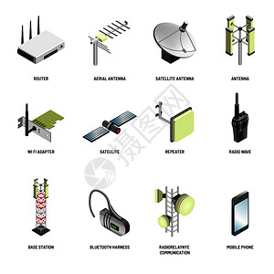 视频相关字素互联网和多媒体数据传输的字通信和无线连接装置卫星天线Wifi路由器或调制解和智能手机蓝牙耳的矢量孤立图标数字通信和连接现代设备矢插画