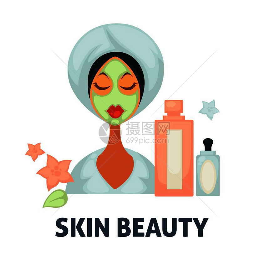 皮肤美貌和健康妇女和容图示头部毛巾和面罩的妇女形象面部罩和化妆润湿剂的妇女形象皮肤护理平板身体和面部护理治疗设计天然乳液和奶油皮图片