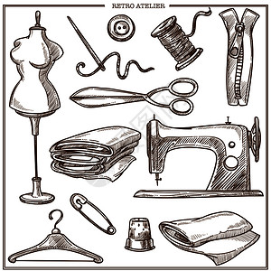 老式缝纫机矢量分离旧缝纫机和老式假人剪刀和针线头的缝纫机线插画