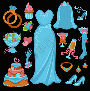 结婚珠宝婚纱优雅的礼服奢华首饰时髦品温柔花束香槟杯子和美味的蛋糕矢量插图插画