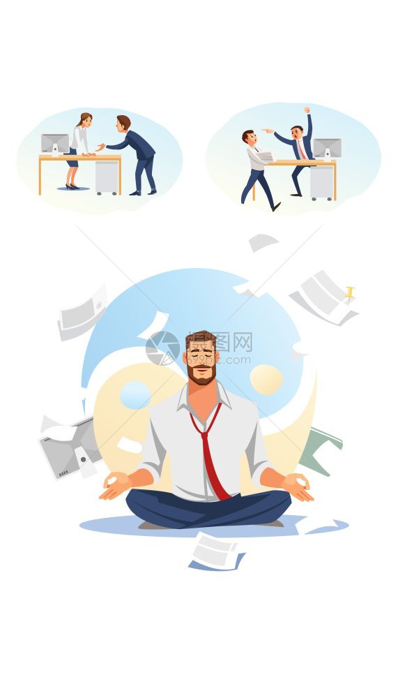 忙碌的商人或公司雇员在Yin和YangAirFlatVictorIExplication保持平衡减少商业压力让Zen参与工作概念图片