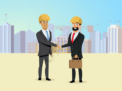握手城市建筑业务成功伙伴关系与建筑者握手插画
