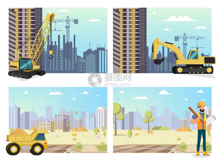 现代城市建筑概念现代城市建筑卡通设置矢量说明图像建筑过程起重机黄色电子建筑机卡车男建筑工和具手图片