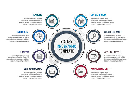 8步骤圆形信息模板工作流程或图矢量eps10插图背景图片