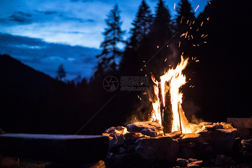 夏天的森林营火和朋友露时间复制空图片