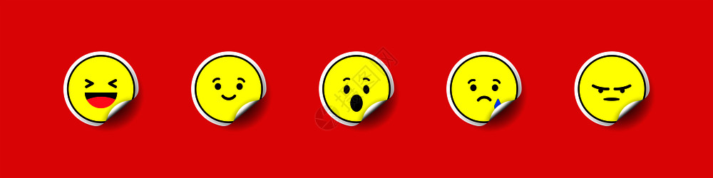 笑脸标签Emoji贴纸收藏红色背景上的黄化工标签带有阴影的Emoji标签Eps10Emoji标签收藏红背景上的黄色化工标签阴影下的Emo插画