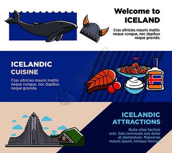 冰岛冰川冰岛烹饪和吸引海报旅行社横幅标语上面有菜盘建筑遗物和巨鲸前往寒冷广告的矢量插图插画