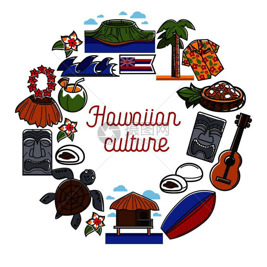 具有传统的夏威夷文化宣传海报自然物体历史雕像水果食品音响吉他和服装孤立的卡通矢量插图带有传统的夏威夷文化宣传海报图片