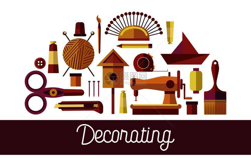 用于爱好海报的装饰手工艺具和术设计图标用于手工绘画编织或裁缝的矢量创作手工艺车间或DIY折纸木工装饰室图片