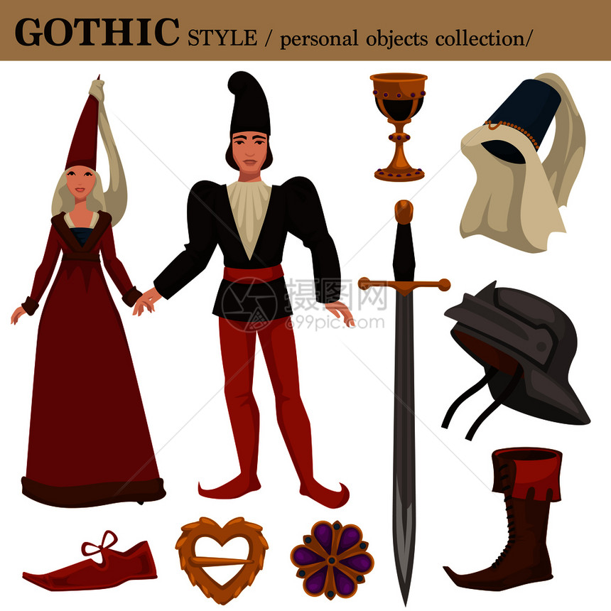 14世纪欧洲古老的男女服装和个人饰物的旧时尚风格罗曼斯克VectorRomanesque或德国服装西以及鞋子和发型14世纪欧洲古图片