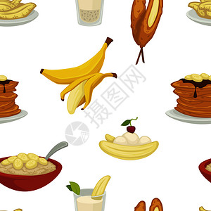 剥了皮香蕉甜点类型香蕉加皮和面包机无缝模式矢量蛋糕和巧克力托普煎饼和碗加麦片甜面包烤食品加樱桃白莓孤立餐甜品类型香蕉加皮和面包机无缝模式矢插画