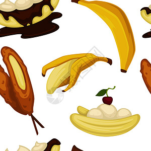 剥了皮香蕉甜点类型香蕉加皮和面包机无缝模式矢量蛋糕和巧克力托普煎饼和碗加麦片甜面包烤食品加樱桃白莓孤立餐甜品类型香蕉加皮和面包机无缝模式矢插画