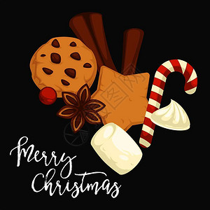 圣诞色圣诞快乐传统饼干和并配有肉桂矢量的饼干巧克力味糕饼棉花糖和棒冬季节庆日的甜食和糕点美味的食物圣诞快乐传统饼干和配有肉桂矢量的饼干插画