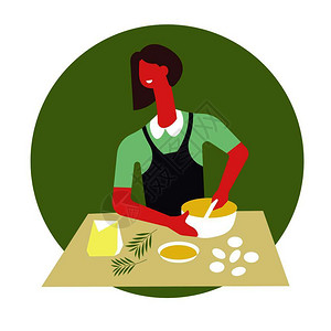 做月子餐围裙妇女烹饪食物在碗里服务女在桌上做盘子女孩在锅里做盘子上做饭熟练的烹饪和餐具配有课程矢量图女在桌上做盘子插画
