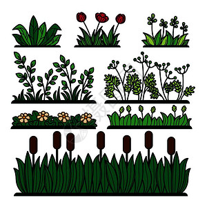 卡通绿色植物和花朵矢量元素图片