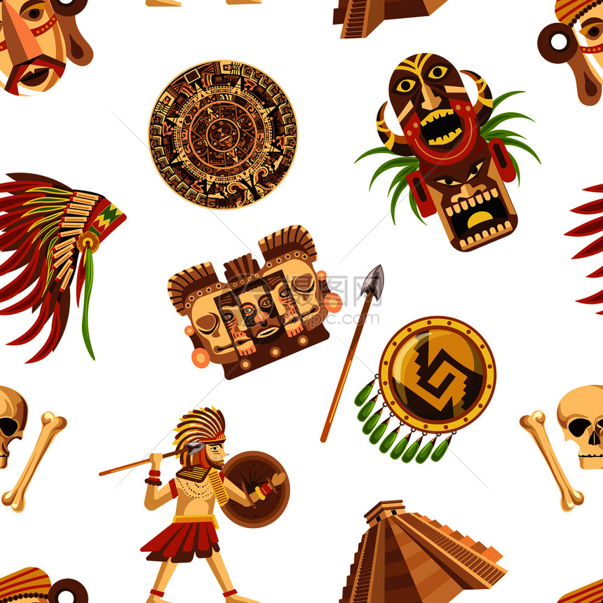 古老的金字塔锋利长矛固盾真实的头盔人骨木质图腾和考古学的矢量图解古老的玛雅传统特征和古代无价的遗迹缝图解古老的玛雅传统特征和古老图片