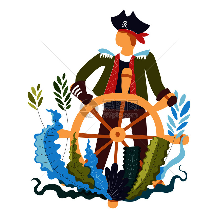 穿传统海盗装扮戴头盔和交叉骨的人海上领航船只树叶和装饰部分船长图片