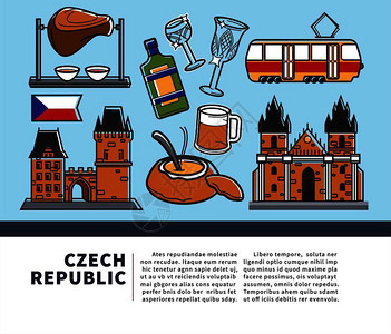 旅行社宣传招贴海报上的标志前往具有独特建筑和美味食卡通插图背景图片