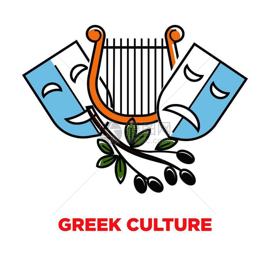 希腊文化宣传海报上面印有古代戏剧符号和橄榄金琴带有情感的面具食用植物的孤立卡通平面插图在商业横幅上希腊文化宣传海报上面印有古代戏图片