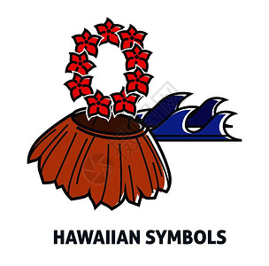 服装宣传词汇带有草裙红色花圈和高浪的夏威夷标志宣传海报矢量插图插画