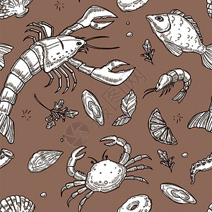 鲜虾鱿鱼面海产食品草图在糊面背景的无缝图案插画