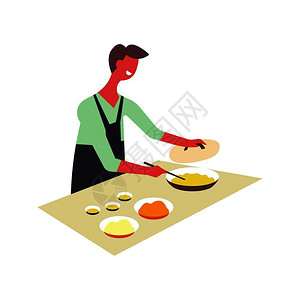 服务技巧班男人用围裙做饭碗男人盘子在上做饭男人在锅里做饭技巧烹饪和餐具配有导线矢量图男人在碗里做饭和盘子男人在碗里做饭男人在碗里做饭和盘子插画