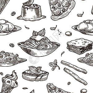 卡帕多西亚意大利烹饪草图背景意大利传统面食披萨或意大利面条橄榄沙拉意大利菜饭和糖浆甜点等意大利传统食品盘的矢量无缝设计意大利菜矢量草图模式插画
