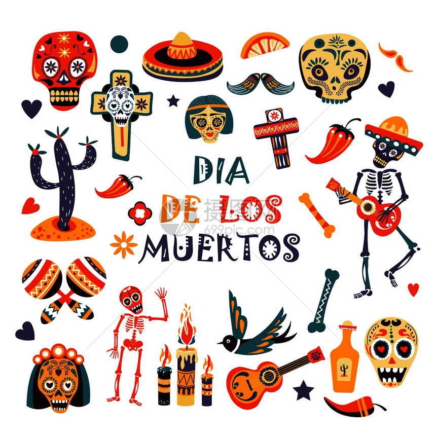 墨西哥传统节日的Mecixan装饰品在头骨仙人掌或Banjo吉他上的矢量设计配有马拉卡斯和加辣椒的龙舌兰图片